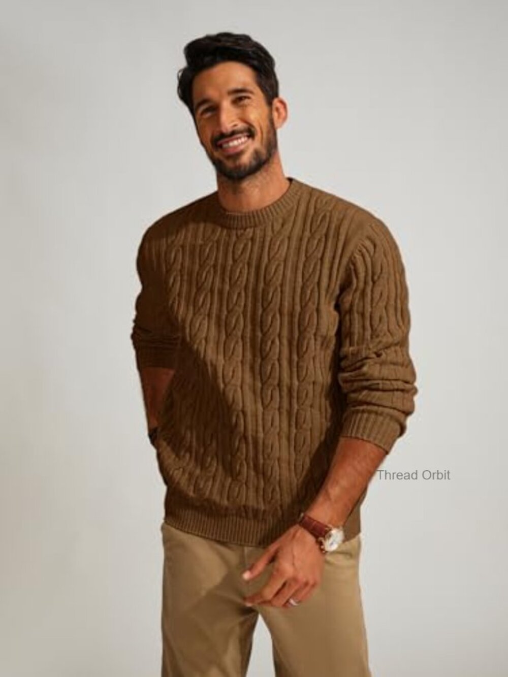 Mens Cable Knit Pullover Sweater Crewneck Long Sleeve Textured Casual - Picture 2 of 7